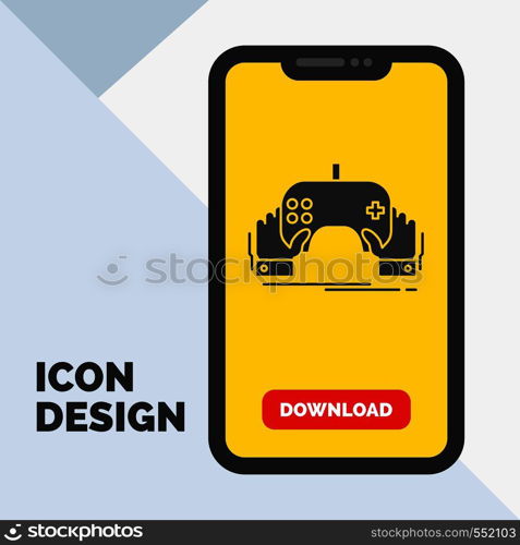 game, gaming, mobile, entertainment, app Glyph Icon in Mobile for Download Page. Yellow Background. Vector EPS10 Abstract Template background