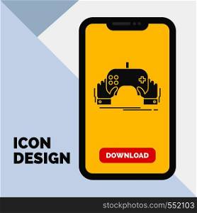 game, gaming, mobile, entertainment, app Glyph Icon in Mobile for Download Page. Yellow Background. Vector EPS10 Abstract Template background