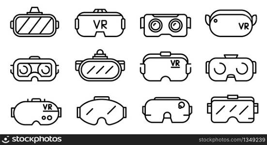 Game goggles icons set. Outline set of game goggles vector icons for web design isolated on white background. Game goggles icons set, outline style