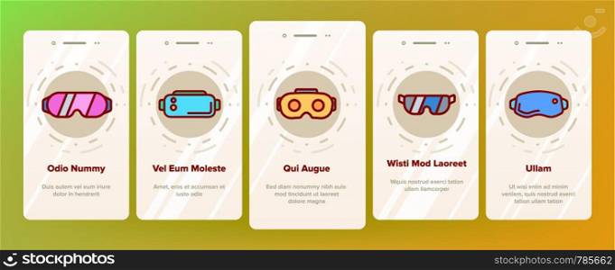 Game Goggles Vector Onboarding Mobile App Page Screen. Game Goggles for Indoor, Outdoor Activities Linear Pictograms. VR Headsets, Scuba Diving Equipment, Protective Skiing Glasses Illustrations. Game Goggles Vector Onboarding