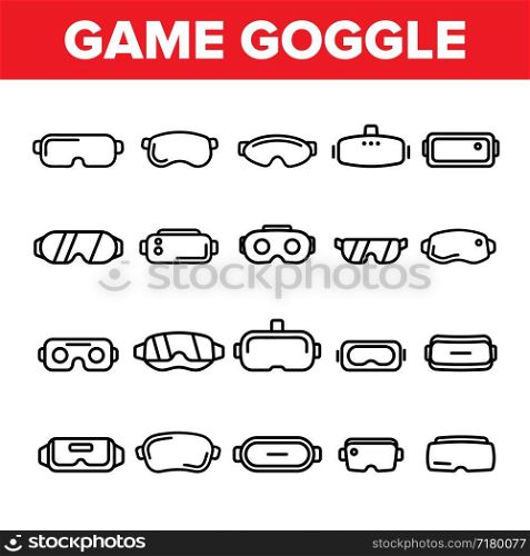Game Goggles Vector Thin Line Icons Set. Game Goggles for Indoor, Outdoor Activities Linear Pictograms. VR Headsets, Scuba Diving Equipment, Protective Skiing Glasses Contour Illustrations. Game Goggles Vector Thin Line Icons Set