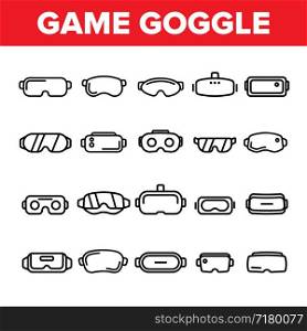 Game Goggles Vector Thin Line Icons Set. Game Goggles for Indoor, Outdoor Activities Linear Pictograms. VR Headsets, Scuba Diving Equipment, Protective Skiing Glasses Contour Illustrations. Game Goggles Vector Thin Line Icons Set