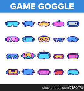 Game Goggles Vector Thin Line Icons Set. Game Goggles for Indoor, Outdoor Activities Linear Pictograms. VR Headsets, Scuba Diving Equipment, Protective Skiing Glasses Contour Illustrations. Game Goggles Vector Color Line Icons Set