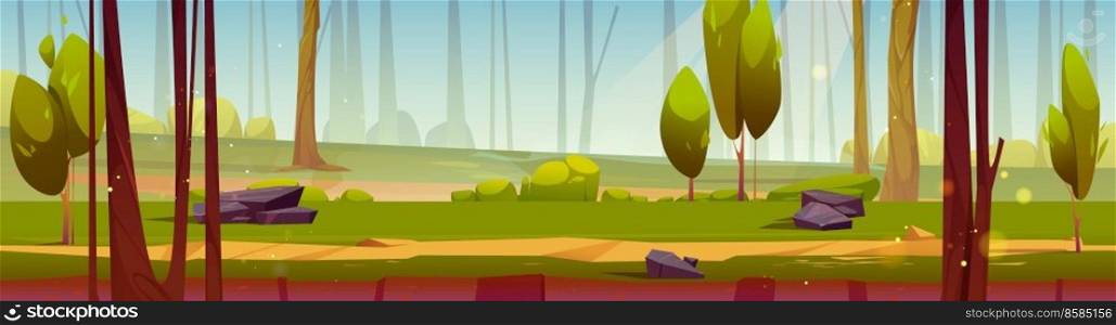 Game ground texture of road in forest. Game level scene with summer landscape of deep woods with path, green grass, trees, bushes and stones, vector cartoon illustration. Game ground texture of road in forest