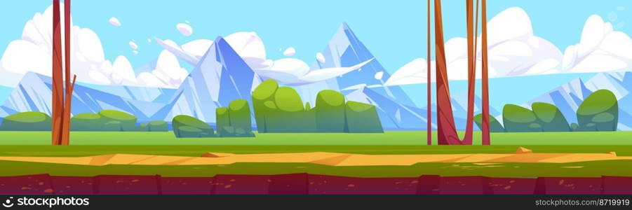 Game ground texture of summer landscape with green grass, trees, bushes, path and mountains on horizon. Vector cartoon illustration of game land platform with nature scene with trees and rocks. Game ground texture of summer landscape