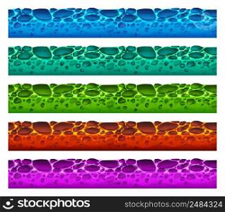 Game grounds textures of different colors lava. Vector cartoon set of land platforms with seamless pattern of hot liquid magma with stones isolated on white background. Game grounds textures of different colors lava
