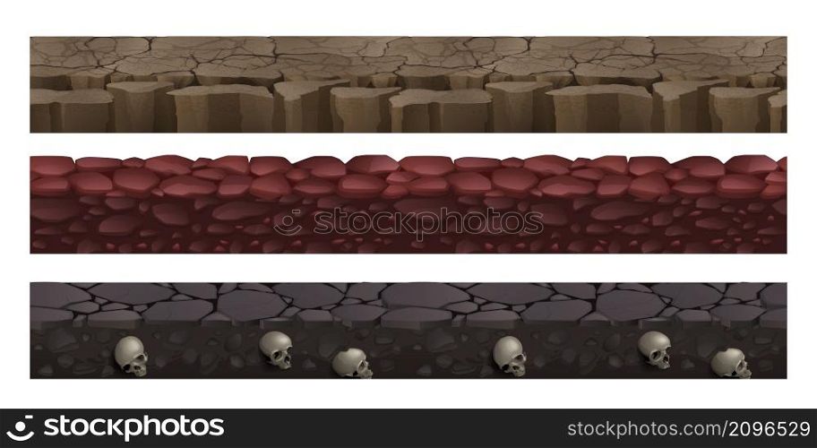 Game grounds with seamless texture of dry soil, red stones and rock land with fossil human skulls. Vector cartoon set of platforms for game levels, cracked desert and dirt landscapes. Game grounds with stones, dry cracked soil