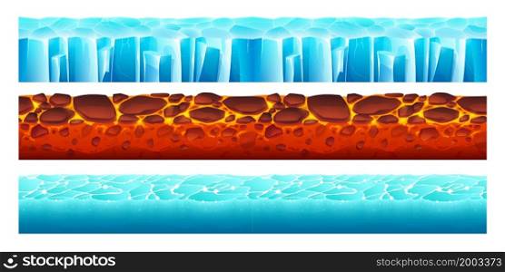 Game grounds with seamless texture of ice, water and lava. Vector cartoon set of platforms for game levels, landscapes with hot magma with stones, frozen water and sea. Game grounds with texture of ice, water and lava