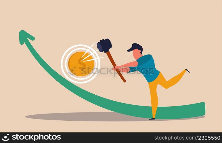 Game high with coin and strength hammer. Market meter and striker test strong vector illustration concept. Man win on carnival and business entertainment investment. Dollar measurement economic graph