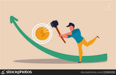 Game high with coin and strength hammer. Market meter and striker test strong vector illustration concept. Man win on carnival and business entertainment investment. Dollar measurement economic graph