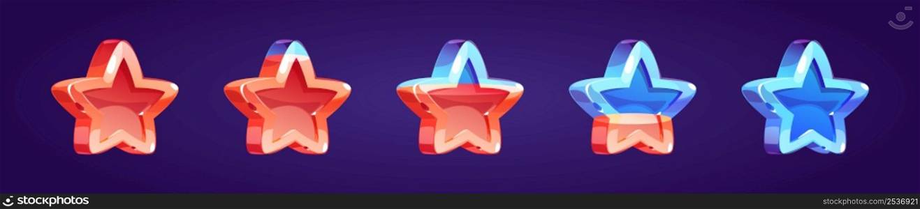 Game icon of rating star changing colors from red to blue. Vector sprite sheet with rank button. Cartoon set of five shiny stars, bonus or review symbols isolated on background. Game icon of rating star