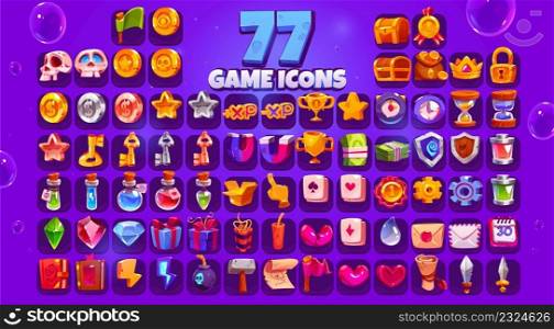 Game icons big set, cartoon skull, coin, star, xp and gold cup, clock, chest, medal or money sack. Crown, lock, key, magnet or shield, witch potion, gift box, crystal and parchment Vector ui elements. Game icons big set, cartoon skull, coin, star, xp