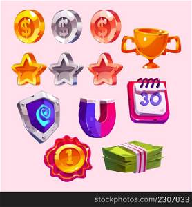 Game icons cartoon coins of gold, silver and bronze, golden trophy cup, rate stars, shield with mystic sign, magnet, calendar, award medal and money stack for user experiense Vector illustration, set. Game icons cartoon coins, stars, cup and money