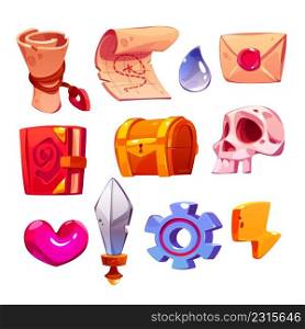Game icons cartoon parchment scroll, pirate treasure map, water drop and envelope with wax st&, spell book, chest, skull and pink heart. Sword, gear and flash isolated user interface vector elements. Game icons cartoon parchment scroll, treasure