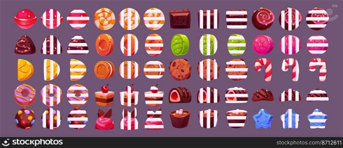 Game icons of chocolate and hard sugar candies, lollipop, fruit drops, cake and bonbon with white stripes. Vector cartoon set of sweet food symbols of caramel and dessert for casino slot machine. Game icons of chocolate and hard sugar candies