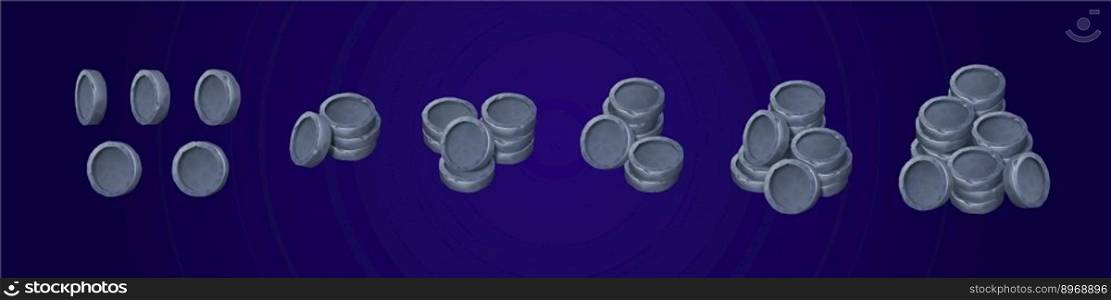 Game icons of money cash with old metal coins. Game assets, prize or bonus with stacks and piles of ancient coins, vector cartoon illustration isolated on background. Game icons of money cash with old metal coins