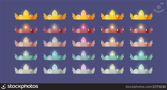 Game icons of royal crowns with gem different color. Vector cartoon set of king, queen, princess or prince headdress, gold, silver and bronze tiaras with gemstones and diamonds. Game icons of royal crowns with gemstones