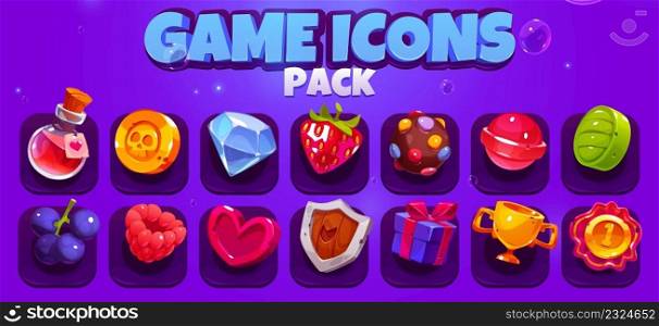 Game icons pack with potion, gold cup, heart, berries, candies and shield. Vector cartoon set of mobile game symbols, golden coin, strawberry, lollipop, gem and award badge. Game icons pack with potion, gold cup, heart