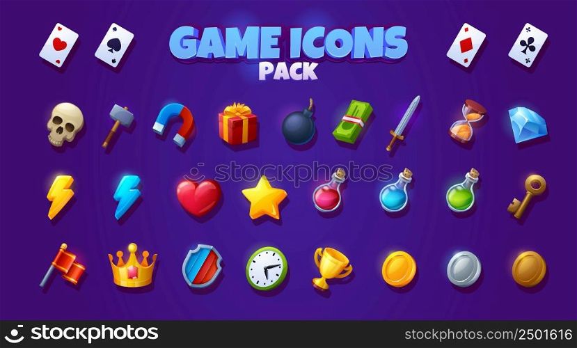 Game icons pack with symbols of key, playing cards, clock, money, gift box and diamond. Vector cartoon set of signs and assets for rpg computer or mobile game, hammer, sword, potions, bomb, coins. Game icons with signs of key, playing cards, money