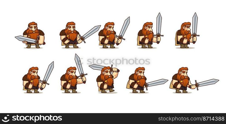 Game icons set character viking walk cycle sequence. Vector cartoon sprite sheet of walking man warrior with sword and red hairs for 2d animation. Game icons set viking walk cycle sequence
