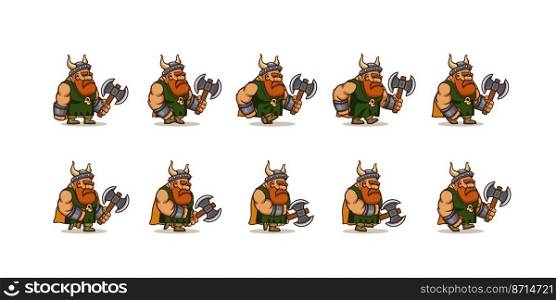 Game icons set of character viking walk cycle sequence. Vector cartoon sprite sheet of walking man warrior, barbarian with axe and horned helmet for 2d animation. Game icons set of character viking walk cycle