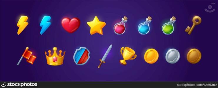 Game icons with heart, lightning, key, crown, gold cup and star. Vector cartoon set of symbols for gui of rpg computer or mobile game, shield, sword, coins, potions and red flag. Game icons with heart, lightning, coins and star