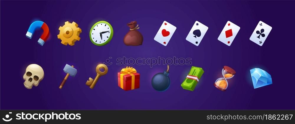 Game icons with key, clock, playing cards, money and gear. Vector cartoon set of symbols for gui of rpg computer or mobile game, diamond, gift, hammer, magnet, bomb and hourglass. Game icons with key, money, playing cards and bomb
