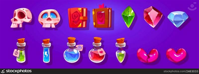 Game icons with magic books, potions, hearts, gems, and skulls. Vector cartoon set of mobile game assets, symbols of bottles with poison, broken heart and crystals. Game icons with magic books, potions, hearts