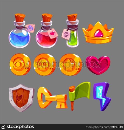 Game icons with potions, gold crown, heart, lightning, coins and key. Vector cartoon set of symbols for mobile game gui, flag, wooden shield and money isolated on gray background. Game icons with potions, gold crown, heart, coins