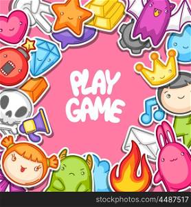 Game kawaii background. Cute gaming design elements, objects and symbols.