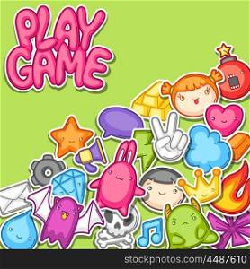 Game kawaii background. Cute gaming design elements, objects and symbols.
