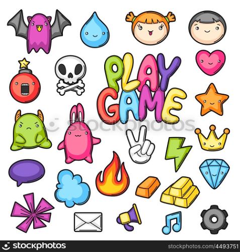 Game kawaii collection. Cute gaming design elements, objects and symbols.