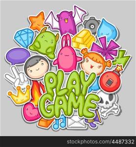 Game kawaii design. Cute gaming elements, objects and symbols.