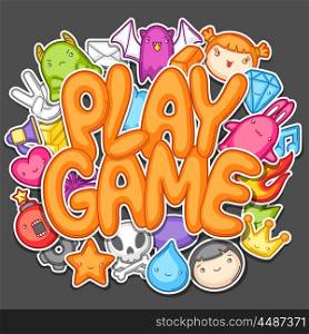 Game kawaii design. Cute gaming elements, objects and symbols.