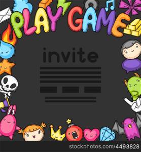 Game kawaii invite. Cute gaming design elements, objects and symbols.