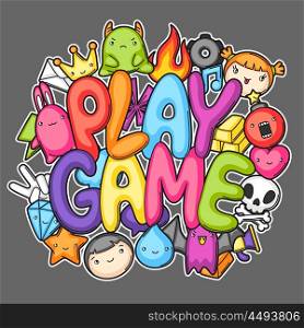 Game kawaii print. Cute gaming design elements, objects and symbols.