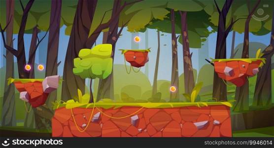 Game level background with platforms and items. Vector cartoon landscape of forest, trees, flying islands with green grass and shiny spheres for gui interface of arcade game. Game level background with platforms in forest