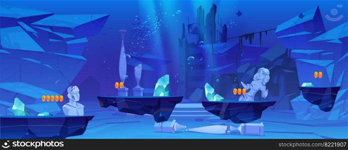 Game level background with platforms under water in sea or ocean. Underwater landscape with ancient ruins, old sunken architecture. Vector 2d interface of arcade game with cartoon illustration. Game level background with platforms under water