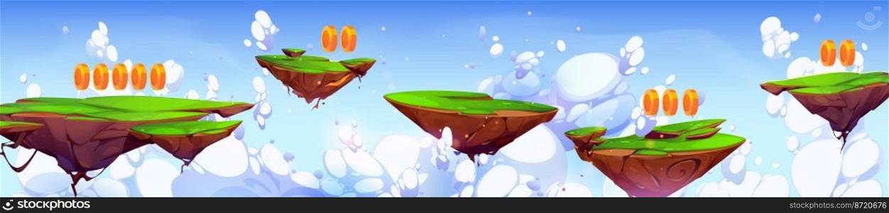 Game level flying island jumping platforms in blue sky with clouds cartoon landscape. Ui design for arcade, green floating land pieces with grass and coins. 2d background, location with bonus assets. Game level flying island platform in blue sky