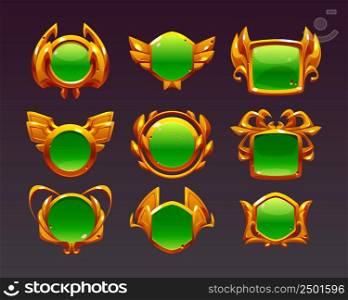 Game level golden ui icons, buttons, empty badges or banners with green glossy plank, gold wings, laurel wreath or spider legs decor. Isolated award or bonus frames, Vector graphic elements for rpg. Game level golden ui icons, buttons, empty badges