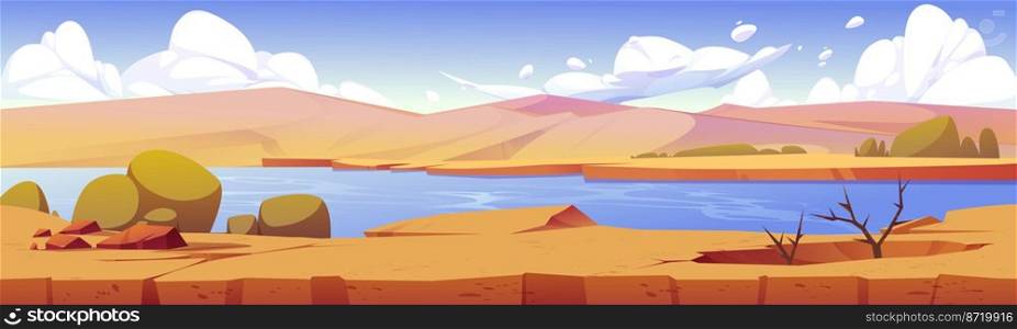 Game level landscape of african desert with oasis. Ground texture background with sand dunes, river or lake, dry plants and green bushes, vector cartoon illustration. Game level landscape of african desert with oasis