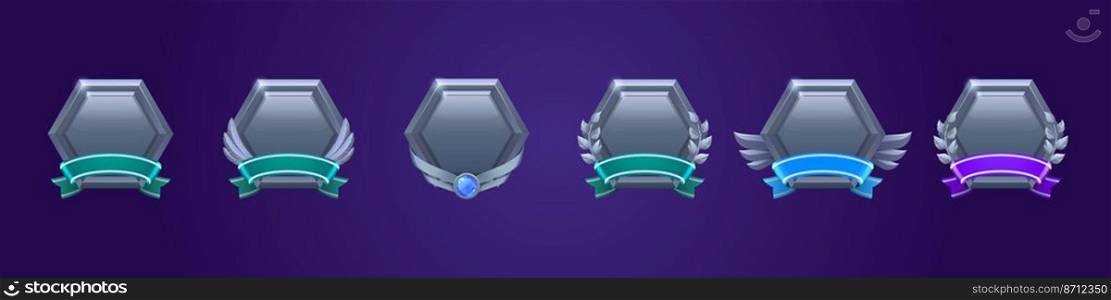 Game level metallic ui icons, empty hexagon badges with banners, wings, gem stone or laurel wreath. Isolated metal award frames or bonus graphic elements, reward, trophy achievement vector Set for rpg. Game level metallic ui icons, empty badges set