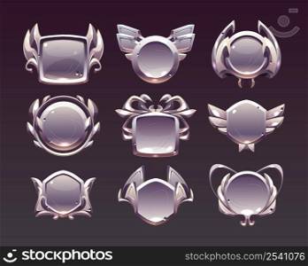 Game level metallic ui icons, empty silver or steel badges, banners with wings, spider or laurel wreath. Isolated metal award frames or bonus graphic elements, trophy achievement vector set for rpg. Game level metallic ui icons, empty silver badges