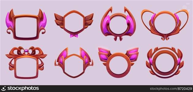 Game level or avatar frames, ui icons, buttons, ranking badges or achievement banners, wooden bordering decor with pink gem, laurel. Isolated award or bonus Vector graphic elements for rpg, 2d design. Game level or avatar frames, ui icons, buttons set