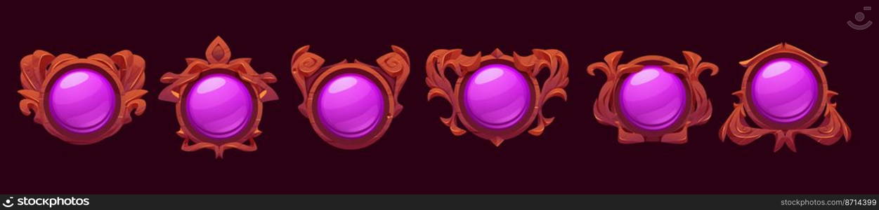 Game level or avatar frames, ui icons, buttons, ranking badges or banners with purple glossy crystal plank and wooden bordering decor. Isolated award or bonus Vector graphic elements for rpg 2d design. Game level or avatar frames, ui icons, buttons set
