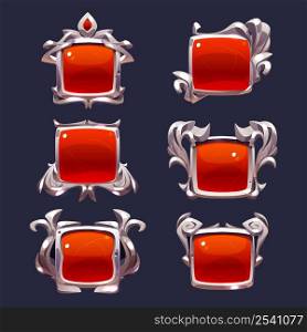 Game level ui icons, buttons, isolated award or bonus frames. Empty badges or banners with red glossy plank and silver shiny vignette, user interface graphics in medieval style Vector elements for rpg. Game level ui icons, buttons, isolated frames set