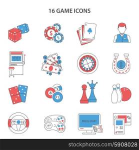 Game Line Icons Set . Game and gambling line icons set with slot machine cards and video flat isolated vector illustration
