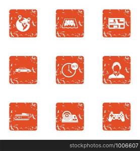 Game location icons set. Grunge set of 9 game location vector icons for web isolated on white background. Game location icons set, grunge style