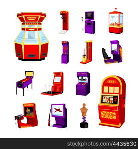 Game Machine Icons Set. game machine icons set of jdarts boxer spider auto simulator boxing manikin pinball machine isolated vector illustration