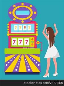 Game machine with screen showing lucky numbers vector, isolated woman with sevens. Gambler in casino, playing female character, gambling personage. Woman Happy of Jackpot Winning Lady Game Machine
